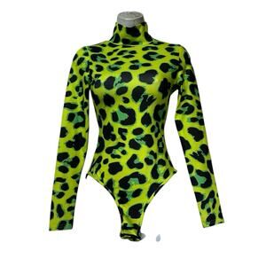 Kollyy Neon Green Leopard Print Bodysuit Sexy Skinny Animal Long Sleeve Top S
